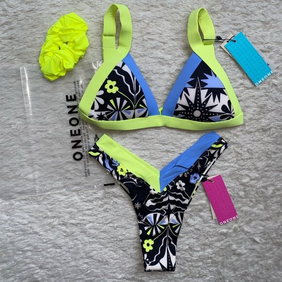 NWT OneOne Swimwear SET Bikini Blue Neon Yellow White Black Jesse Kameron New - Picture 2 of 13